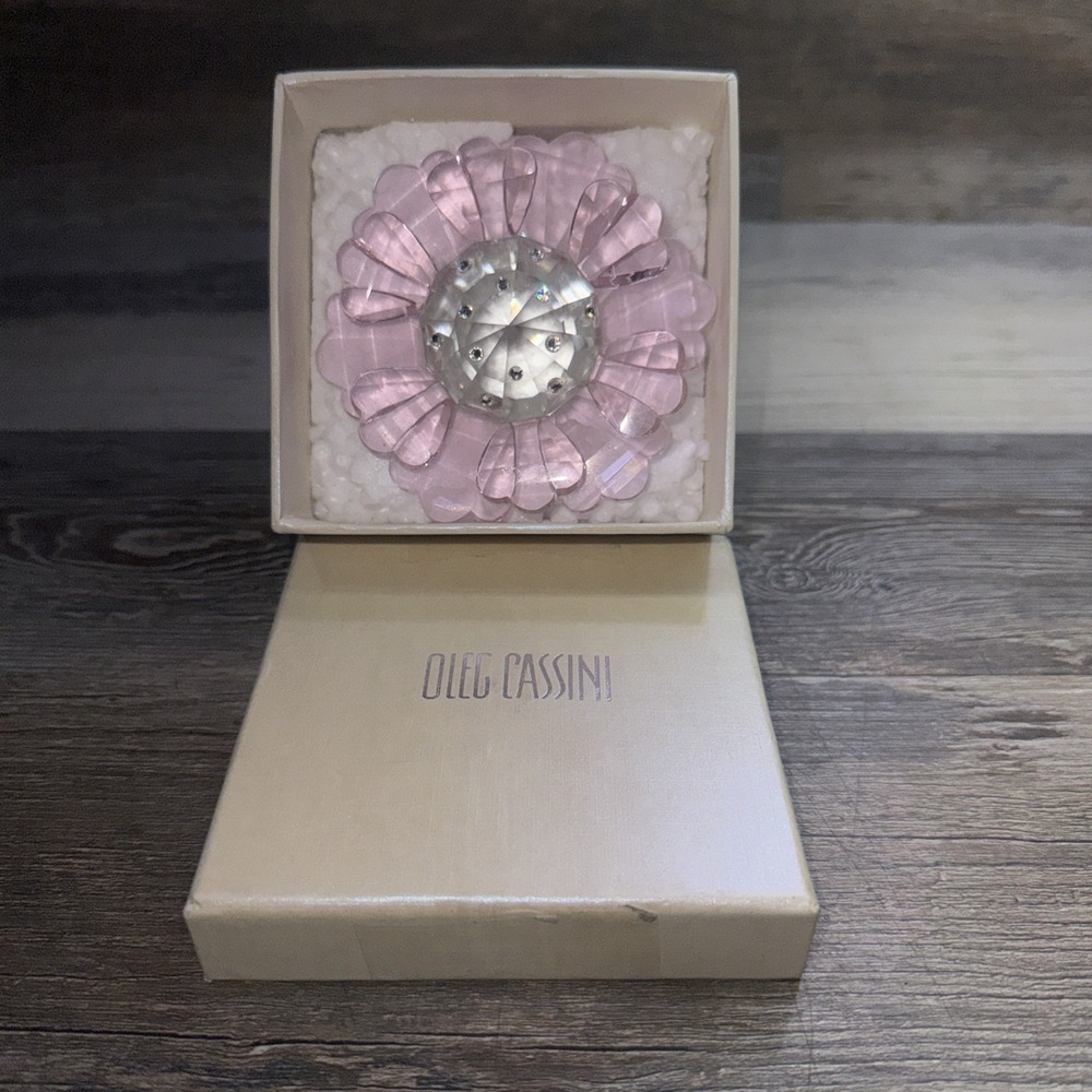 Vintage Oleg Cassini Crystal Fleur Pink Flower Paperweight with Original Box